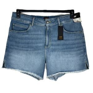 Lee SZ 16W Heritage Jean Shorts High-Rise Stretch Frayed Hems Slits Zip-Fly Blue